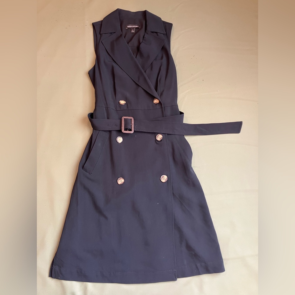 Banana Republic Black Navy Belted Double-Breasted Midi Dress Size 2